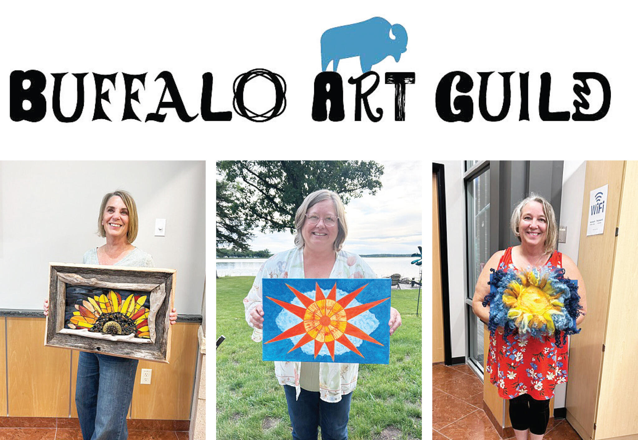 Members of the Buffalo Art Guild created sun-themed artwork to be submitted to “CBS Sunday Morning.” The television program has a long standing-tradition of showcasing “sun artwork” sent in by artists from across the country. Pictured is current Buffalo Art Guild President Sheri Zimmerman (left), along with past presidents Sarah Hoppe (center), and Tamera Kowalski (right). (Photos courtesy of the Buffalo Art Guild)
