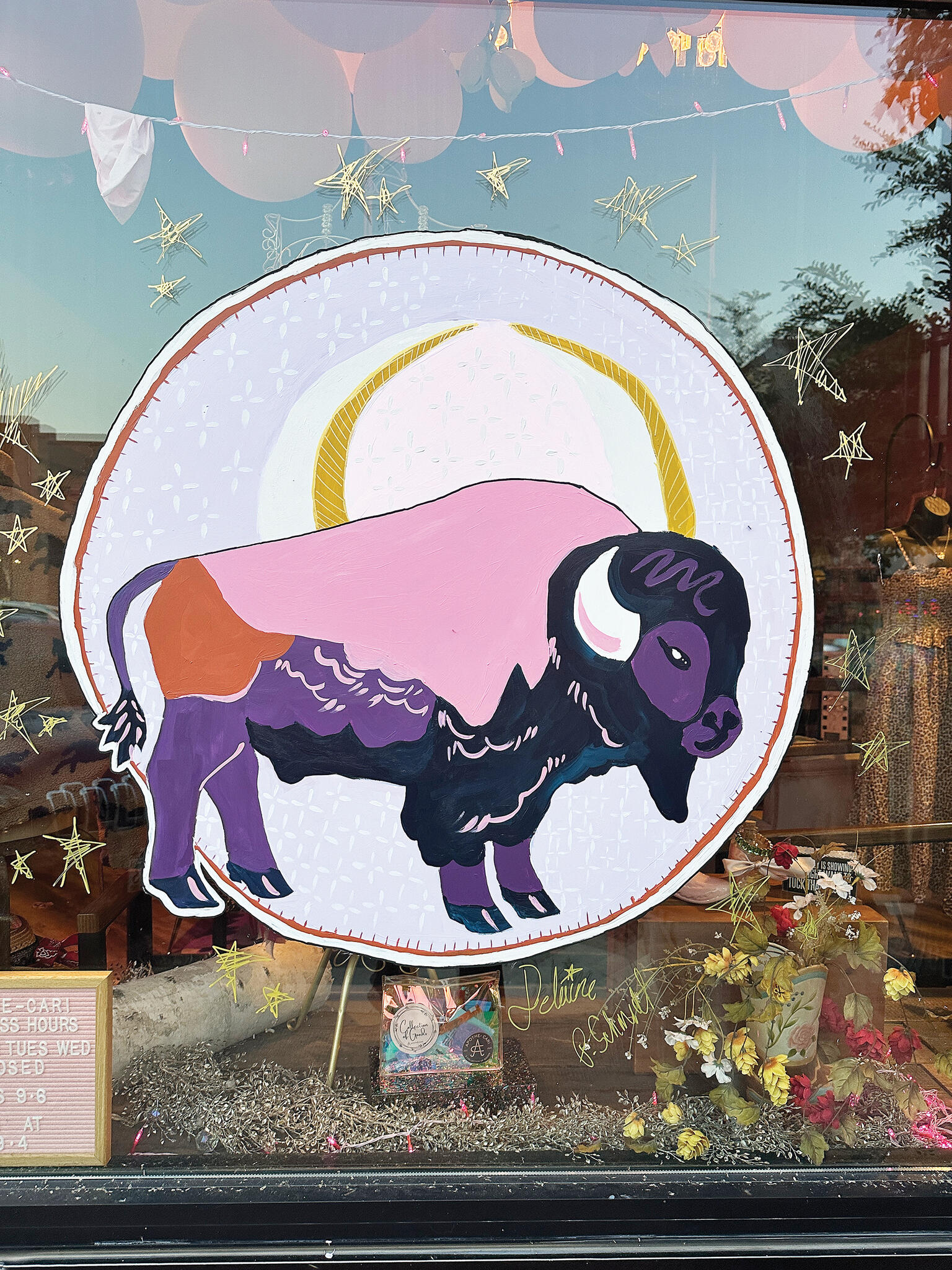 This purple-colored bison was painted on the window of a local Buffalo business during an August workshop led by area artist Emily Victory. The workshop was part of a series presented by the Buffalo Art Guild and funded through a grant from the Central Minnesota Arts Board. (Photos by Emily Victory)