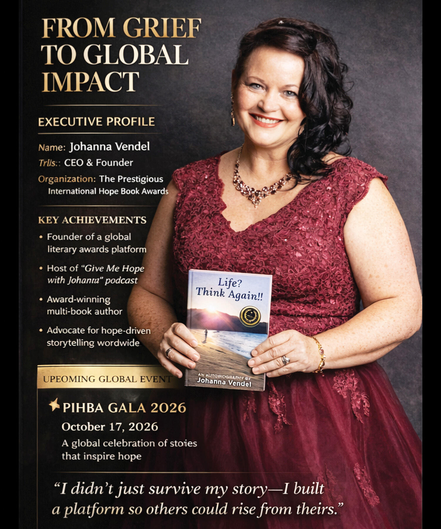 The Prestigious International Hope Book Awards Gala will be held on Saturday, October 17, at the Wyndham Bloomington Mall of America hotel. Founder, and award-winning author Johanna Vendel, of Buffalo, started the awards to create opportunities for authors worldwide whose books inspire hope, healing, faith, resilience, and transformation. (Submitted photo)