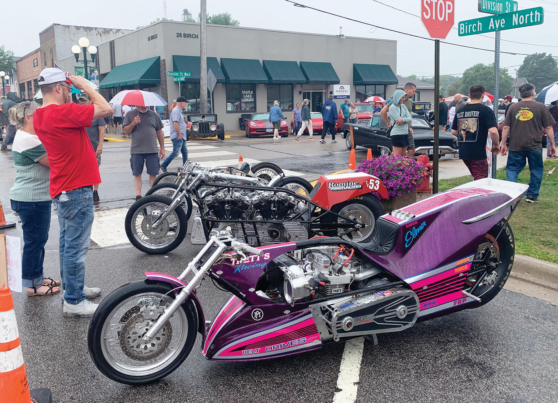 Custom built motorcycles stood at the corner of Birch Ave. N and Division St. W in Maple Lake.