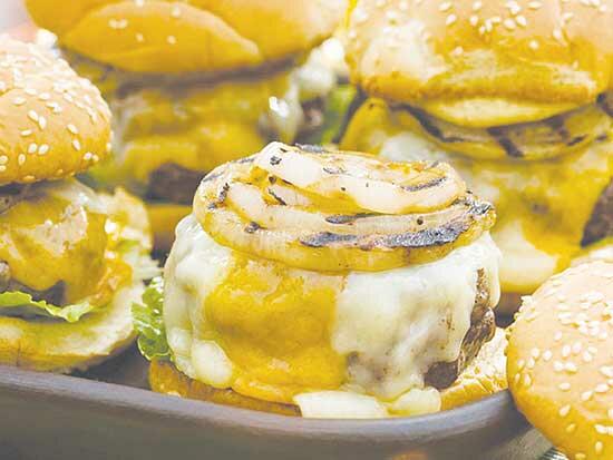 Hamburger with Double Cheddar Cheese, Grilled Vidalia Onion and Horseradish Mustard