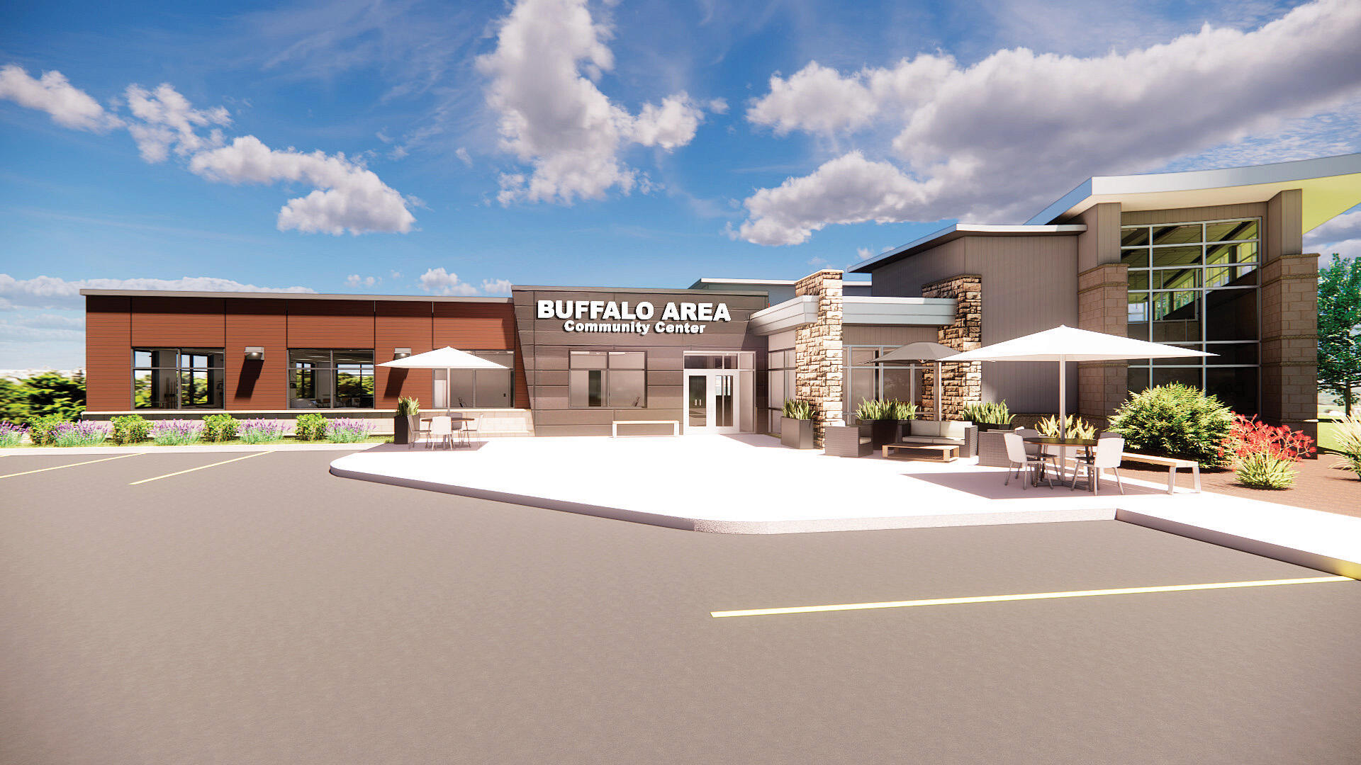 A computer-generated image of the front exterior of the new Buffalo Area Community Center, scheduled for a soft opening on May 4 and grand opening June 9. (Images courtesy of BACC, photo by Mike Gesellchen)