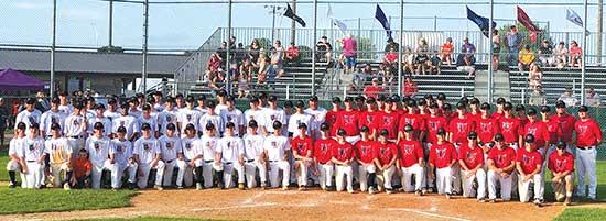 Members of Buffalo and Delano VFW and American Legion baseball teams pose for a group shot during last Friday’s 2nd Annual Wright County Military Appreciation Night at Bentfield Mills Park. Buffalo players wore white tops. Delano wore reds. The fundraiser raised approximately $12,000 towards the Wright County VFW Post 1901 in Montrose, and the Buffalo American Legion Post 270. The night was promoted with the social media hashtag #BiggerThanBaseball. Buffalo VFW won its game 1-0, while the Bison legion squad won 4-2. (Submitted photo)
