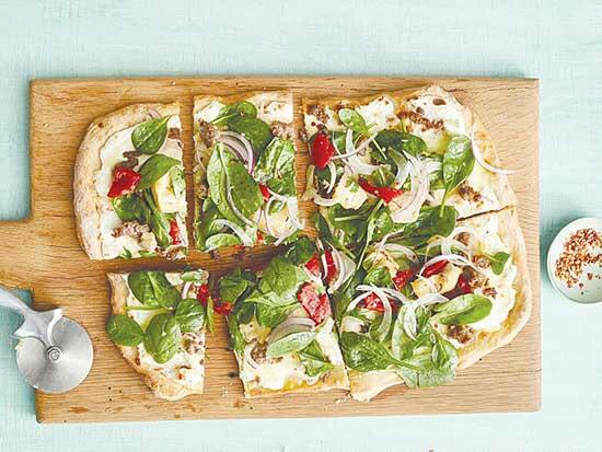 Sausage Pizza with Spinach Salad